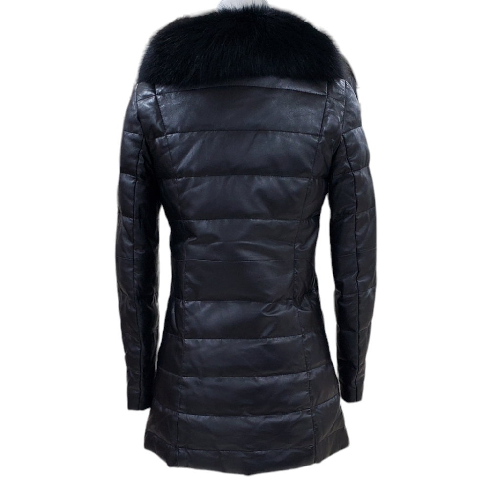 Lambskin down puffer coat fur collar women's size 6 black gold zippers - Picture 2 of 15